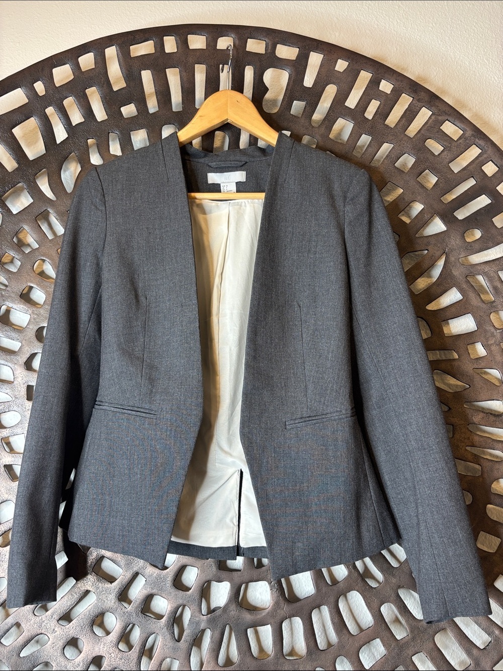 🩶Office Work Open Front Blazer Gray Stretch lined Women’s 4 H&M Button Sleeve🩶